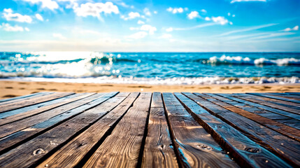 Close up of wooden table on beach with the ocean in the background.