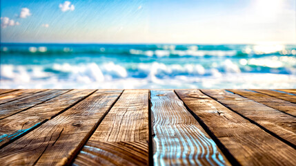 Close up of wooden table with view of the ocean in the background.