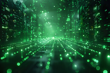 
Futuristic image of a digital landscape with glowing green lights and abstract patterns, perfect for technology themes, sci-fi concepts, and digital art projects.