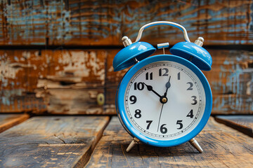 Blue and white alarm clock resting on a wooden table, its presence serving as a powerful reminder of the importance of time management, punctuality, and the value of each moment in our daily lives