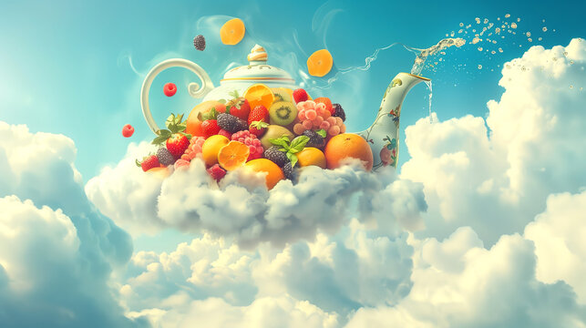 A whimsical scene of a cloud shaped like a crescent moon overflowing with colorful berries and grapes, with a vibrant sunset sky in the background.