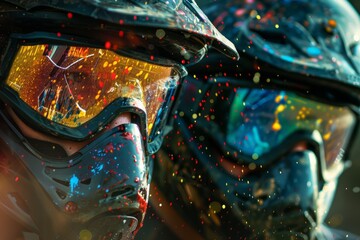 Colorful Paintball Duel with Competitors Closeup