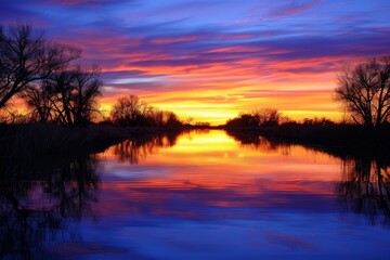Peaceful River at Sunset, Panoramic View with Vibrant Colors