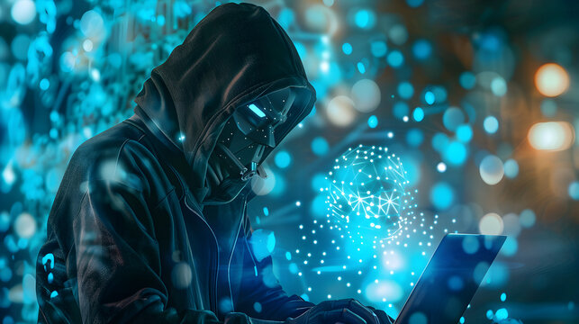 A malicious attack by a hacker who installs viruses and malware. Bright blue lights, bokeh. The concept of a mass attack with a data leak on corporate servers.