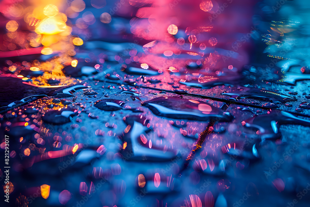 Aufkleber abstract image of wet pavement with colorful reflections and bokeh lights, perfect for modern design