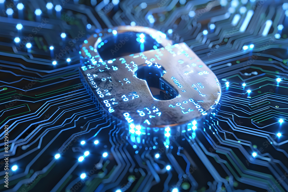 Poster close-up of a glowing padlock symbol integrated into a circuit board, representing cybersecurity and