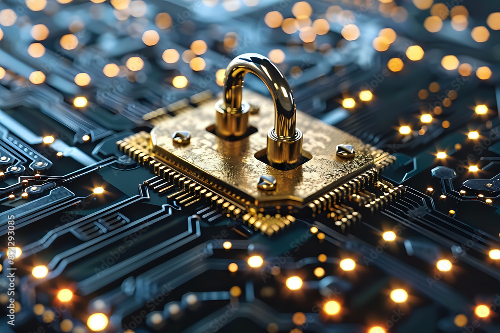 Poster close-up of a padlock integrated into a circuit board, symbolizing cybersecurity and data protection