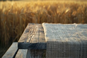 Wooden Table with Burlap Cloth Against Wheat Field Backdrop