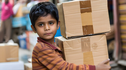 June 12 is World Day Against Child Labor. A little Indian boy works as a porter, carrying heavy boxes
