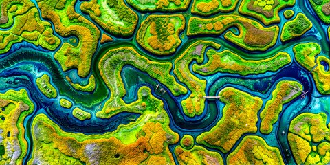 Aerial view of river in the middle of green land area.