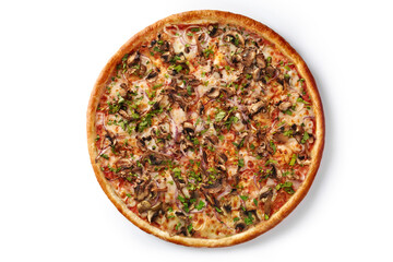 Golden pizza with mushrooms, sweet onions and fresh herbs