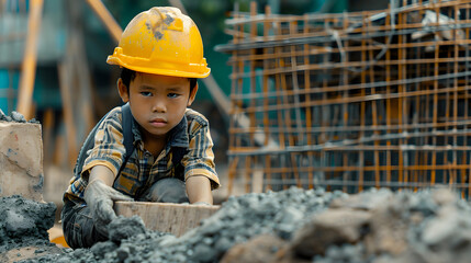 June 12 is celebrated as World Day Against Child Labor. A small boy of Asian appearance in a hard hat works on a construction site