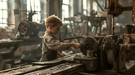 June 12 is World Day Against Child Labor. A little boy works at a machine in a factory
