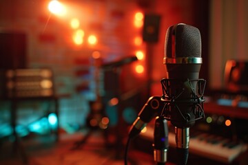 Microphone  in recording studio, Professional microphone on stage in the recording studio...