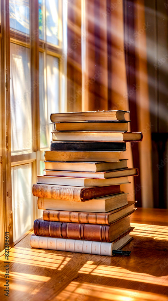 Aufkleber stack of books sitting on top of table next to window.