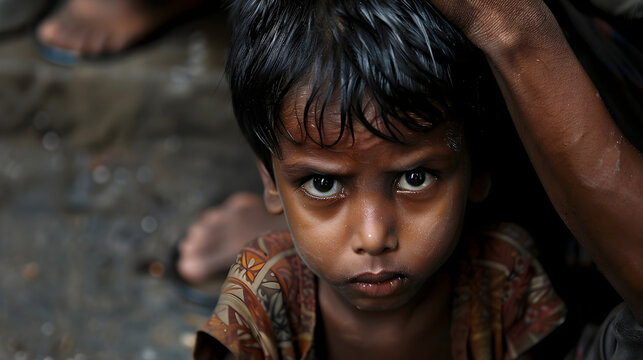 June 4 is the International Day of Innocent Children - Victims of Aggression
July 30 is the World Day Against Human Trafficking. A small frightened boy of Indian appearance suffers from aggression