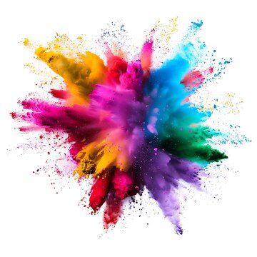 Multicolor rainbow powder, paint explosion on white isolated background. 