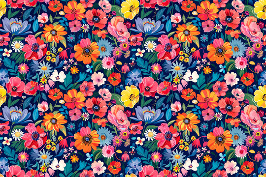 Vibrant floral seamless pattern with colorful flowers on a dark background, ideal for summer decor and tile designs