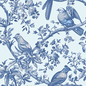 seamless pattern with birds and branches, blue on blue French toile fabric inspired design