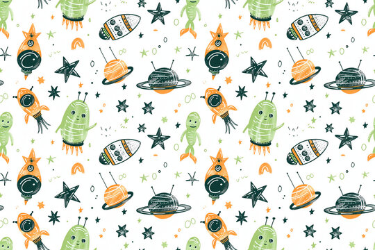 Seamless pattern with playful alien and space elements on a white background. Ideal for children&rsquo;s products, textiles, and creative projects. Fun, whimsical, and decorative.