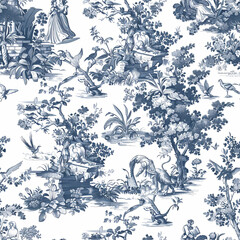 French toile dark blue fabric repeating pattern seamless design