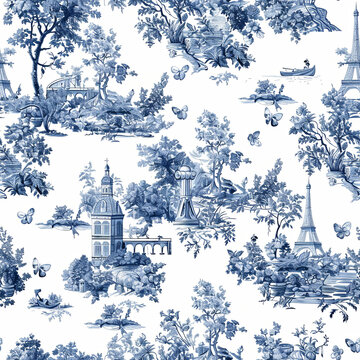 Deep indigo blue French toile wallpaper design with buildings and Eiffel tower, seamless repeating pattern