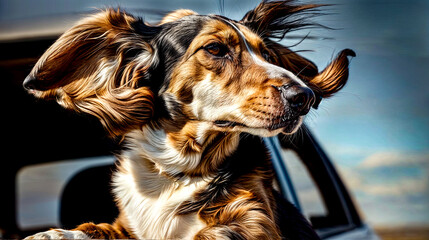 Brown and white dog sticking its head out the window of car. - Powered by Adobe