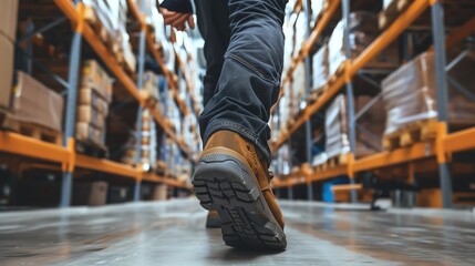 Closeup of worker's boots walking through warehouse aisle.