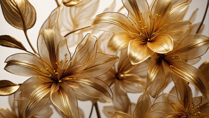 Transparent gold floral wallpaper, botanical art background, glowing from backlight