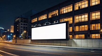 Blank white advertising billboard on a office building wall at night