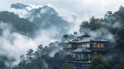 A house is perched on a hillside in the mist