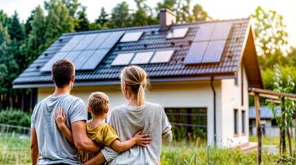 Family standing in front of house with solar panel on the roof.