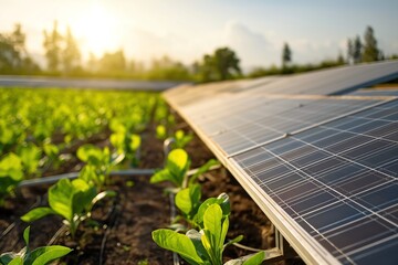 Eco-Friendly Energy Tech in a Modern Facility with Solar Panels, Wide Angle, Bright Daylight. Copy space.