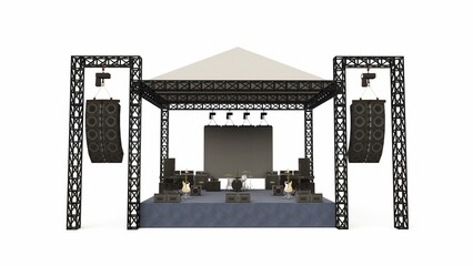 3D Render of a 6x8 Concert Stage Using Rigging, Triangular Roof, Hanging Sound Line Array and Gear Band Set Front Perspective View