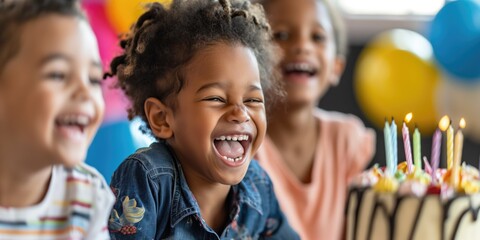 Happy laughing diverse children at birthday party with cakes and hats. AI generative.