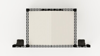 3D Render of a 6x8 Concert Stage Using Rigging, Triangular Roof, Hanging Sound Line Array and Gear Band Set Top View