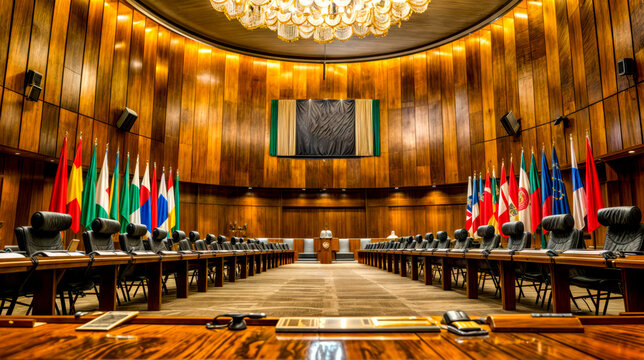Large conference room with chandelier and wooden paneled walls.