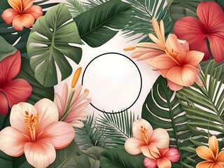 Fototapeta premium Mother's Day floral vector card. Greeting tropical flowers design, palm leaves template design