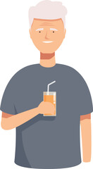 Illustration of a smiling elderly man with grey hair holding a refreshing glass of juice