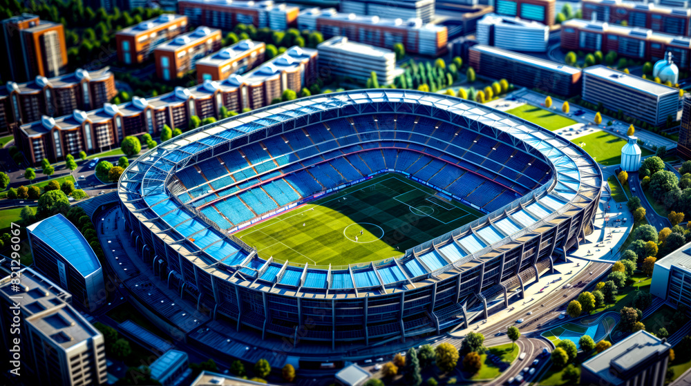 Poster aerial view of stadium with soccer field in the middle of it.