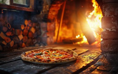 Pizza on Wooden Table