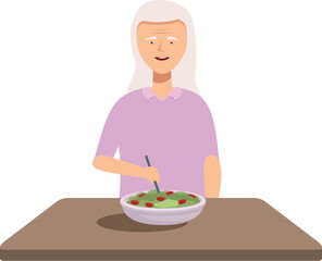 Illustration of a smiling elderly woman eating a bowl of fruit salad