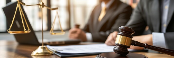 An image depicting elements of the legal system with professionals, gavel, and scales of justice