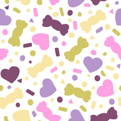 Vector cute seamless pattern. Stylized colorful sweets and hearts. Childish seamless pattern design for fabric, textile or wrapping paper. Simple bright shapes on white background.