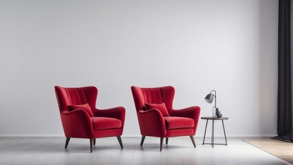 interior house with simple white background mock up, red armchair, modern empty space concept