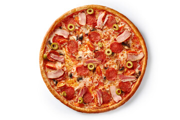 Meat pizza with bacon, pepperoni sausage, mushrooms, olives and tomatoes