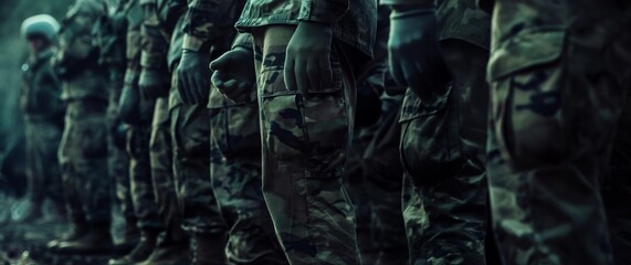Close-up of military personnel standing in formation with focus on camo patterns and gear