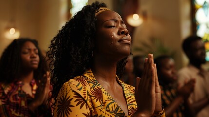 Black woman in a yellow dress is praying with tears on her cheeks, surrounded by others in a warmlite setting.
