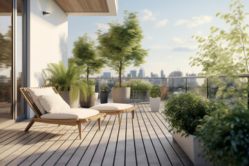 Naklejka premium Cozy outdoor terrace with armchairs and potted plants