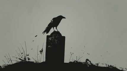 Lonely raven sitting on a tombstone